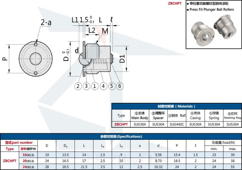 Zbchpt M16~M24 Fine Thread Stainless Steel Ball Transfer Units