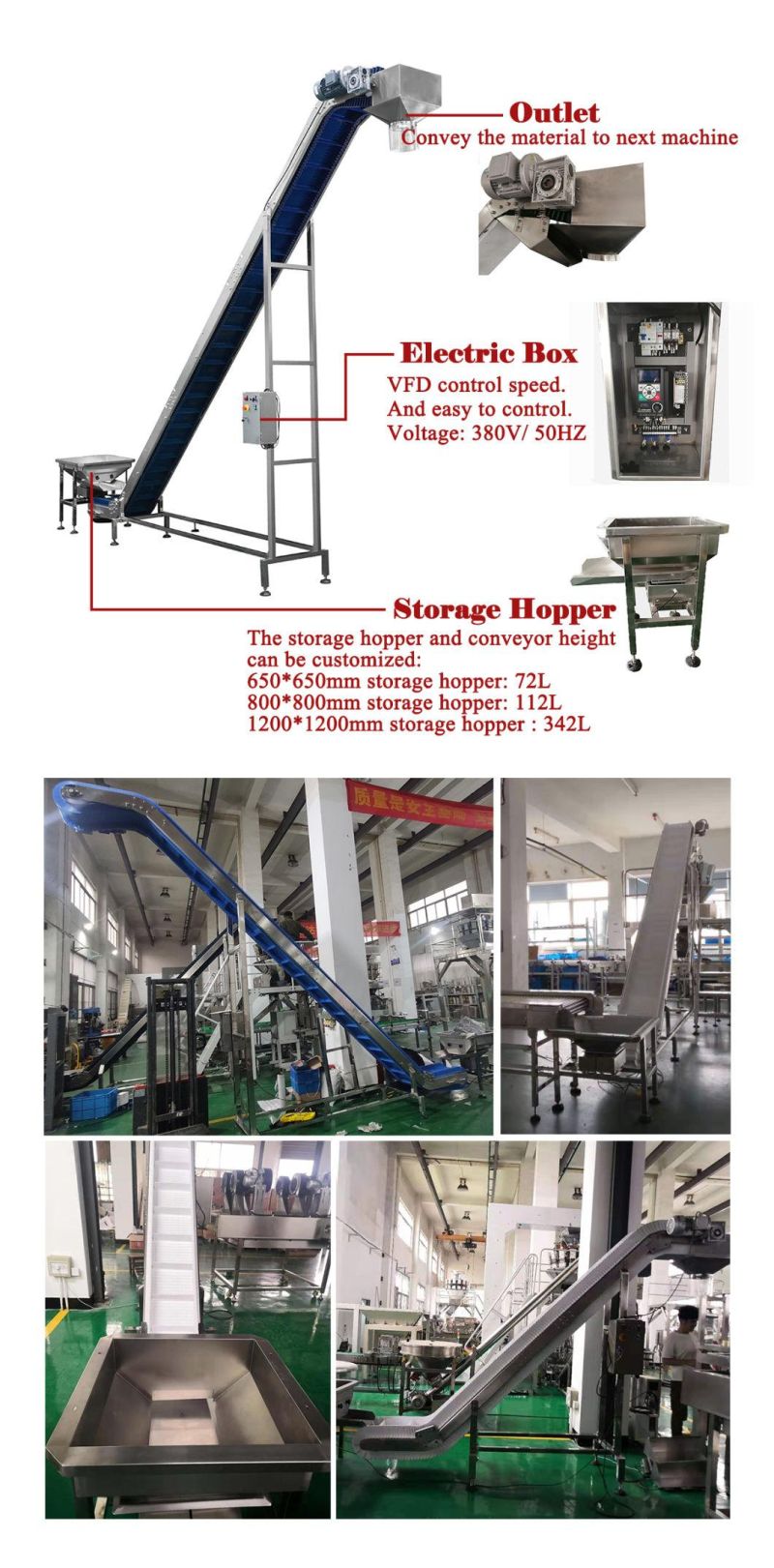 Zonpack PU Material Belt Inclined Elevator Conveyor Used for Vegetable Fruit Lift Feed