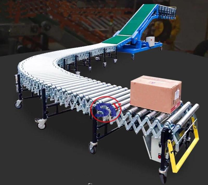 Turn Curve Zinc-Plated Steel Stretch Telescopic Roller Conveyor Telescope for Parcels